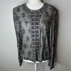 Papell Boutique Evening Women's Cocktail Black Floral Beaded Lined Silk Jacket L